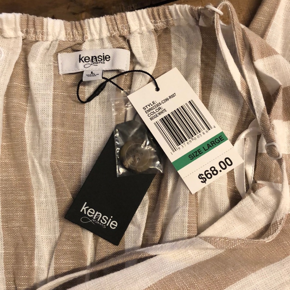 Kenzie Striped Beige + White Striped Linen Romper - Picture 3 of 5